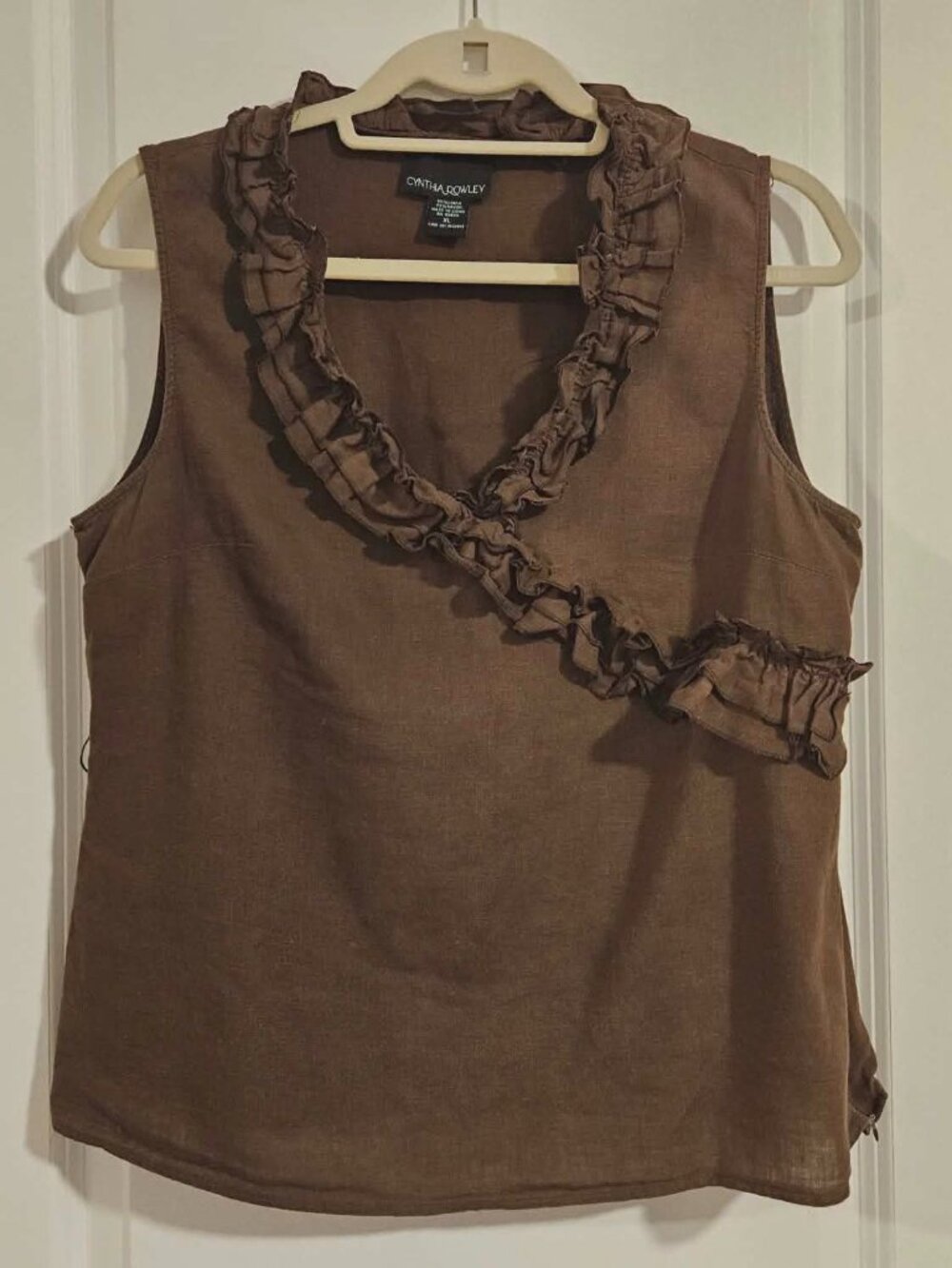 Cynthia Rowley Brown Linen Blend Ruffle Sleeveless Top XL Boho Romantic